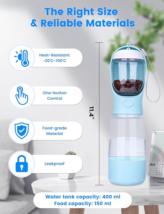 Dog Water Bottle, Portable Pet Travel Water Bottle with Food Container, Leak Proof Puppy Water Bowl Outdoor Dog Water Dispenser for Pets Outdoor, Travel, Walking(13oz)