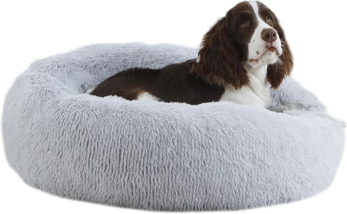 Calming Dog Bed Medium Size Dogs,30'' inch Plush Anti-Anxiety Donut Dog Bed for Medium Large Dogs, Warming Cozy Round Cuddler Nest Pet Bed, Grey