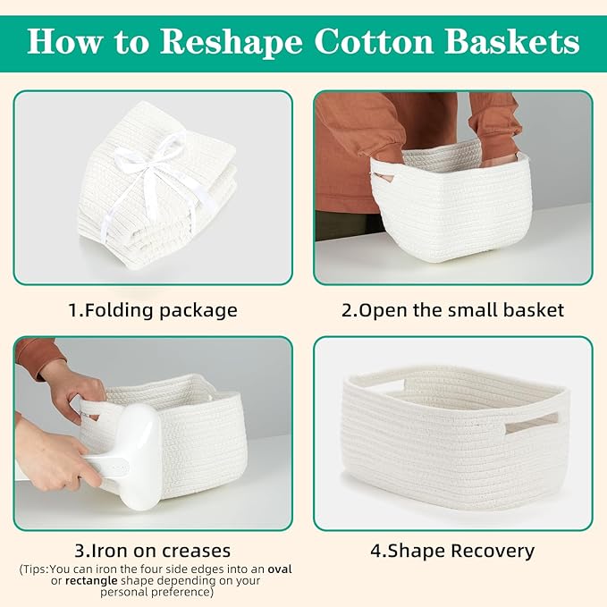 Bidtakay Small Cotton Rope Storage Baskets for Organizing 3 Pack Woven Baskets for Storage Closet Organizer Bins for Shleves 11.8×7.8×5 inch Cute Boho Decorative Basket with Handles - Off White