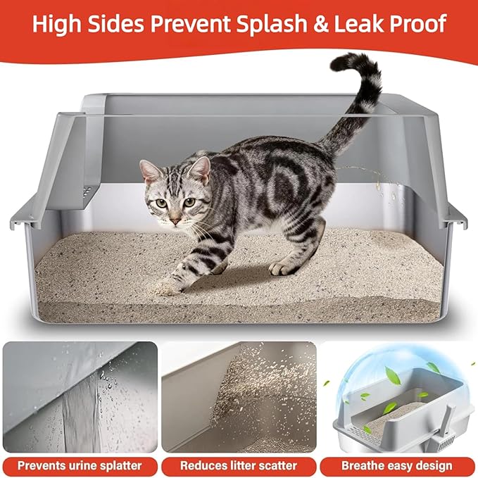 2PACK Stainless Steel Litter Box, Metal Litter Box with High Sides Lid, XL Large Cat Litter Boxes for Big Cats, Never Absorbs Odors, Anti-Urine Leakage, Easy Cleaning, Non-Stick, Include Scoop and Mat