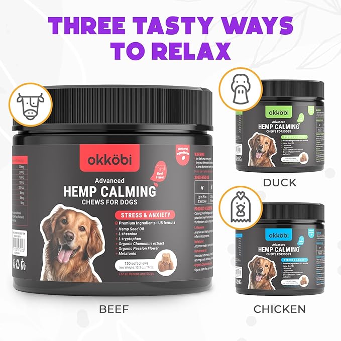 Hemp Calming Chews for Dogs - 150 pcs - for Stress, Travel, Check-ups, Barking, or Grooming - Anxiety Relief with Melatonin - Beef Flavored Calming Treats
