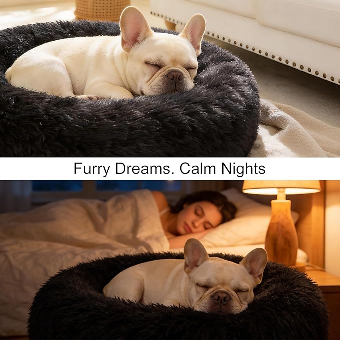 Dog Calming Beds for Small Medium Large Dogs - Round Donut Washable Puppy Dog Bed, Anti-Slip Faux Fur Fluffy Donut Cuddle Anxiety Cat Pet Bed(24'' Black)