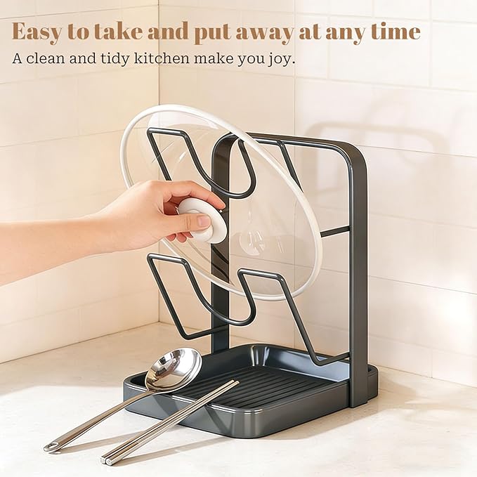 304 Stainless Steel Kitchen Pot Lid Storage Rack, Pot Lid Holder while Cooking, Pot Lid Organizer with Removable Tray & Spoon Rest,Waterproof & Rustproof(Grey, 1 Layer)