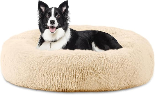 ELSKER&HOME Calming Dog Bed,Donut Washable Warming Soft Round 39 inches Dog Beds for Large Dogs,Anti-Anxiety Fluffy Plush Cushion Bed Fits up to 120 lbs Pets,Apricot