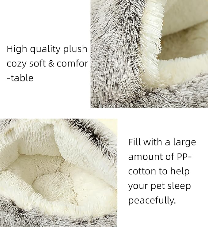 Dog Cave Bed for Small Dogs Cats Pets, Anti Anxiety Calming Plush Dog Beds, Fluffy Covered Hooded Cozy Burrow Puppy Beds, Anti-Slip Bottom Washable Pet Sleeping Bag (20" D, Coffee)