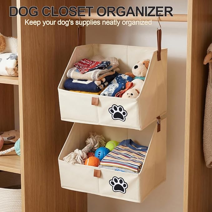 2-Tier Dog Shelves Storage Organizer, Dog Toy Basket, Hanging Closet Organizer for Pet, Fabric Storage Bins Dog Cabinet, Collapsible Baskets for Dog Toys,Colloar,Clothes,Blanket -Beige