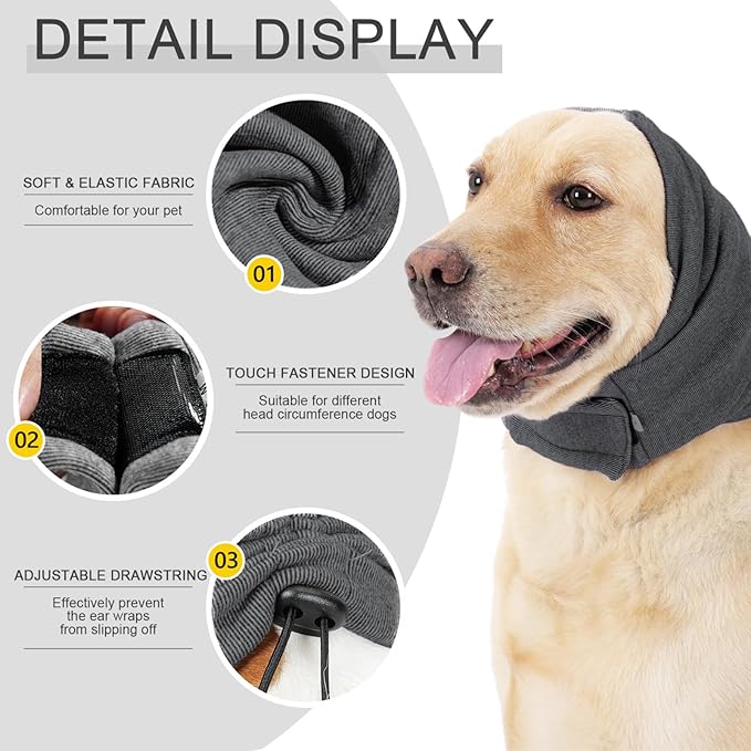 Ear Muffs for Dogs,Calming Hoodie Thunder Head Wrap,No Shake Anxiety Relief Pet Covers Ear Noise Protection Vest for Dogs for Fireworks,Vet Visits,Bathing(Grey,M)
