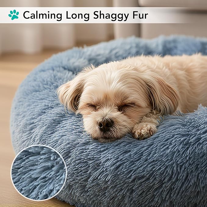 PetAmi Calming Dog Bed for Small & Medium Dogs and Cats, 30 Round Donut Dog Bed, Washable Fluffy Faux Fur Puppy & Cat Bed, Anti-Anxiety Plush Cuddler Pet Bed with Anti-Slip Bottom - Blue