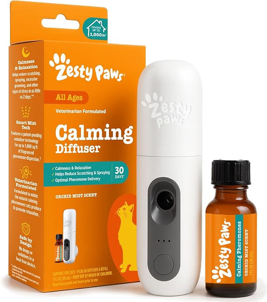 Zesty Paws 30 Day Cat Pheromones Calming Diffuser Plug-in Starter Kit - Cat Calming Diffuser for Cats with Stress, Urine Spraying, Scratching, Excessive Grooming & Aggression - Starter Kit