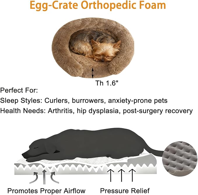 Calming Dog & Cat Beds for Small Medium Dogs Cats, Anti-Anxiety Pet Bed Orthopedic Donut Cushion, Soft Fluffy Faux Fur Warming Cozy Washable, Fits up to 15 lbs Pets (Round, Coffee 20")