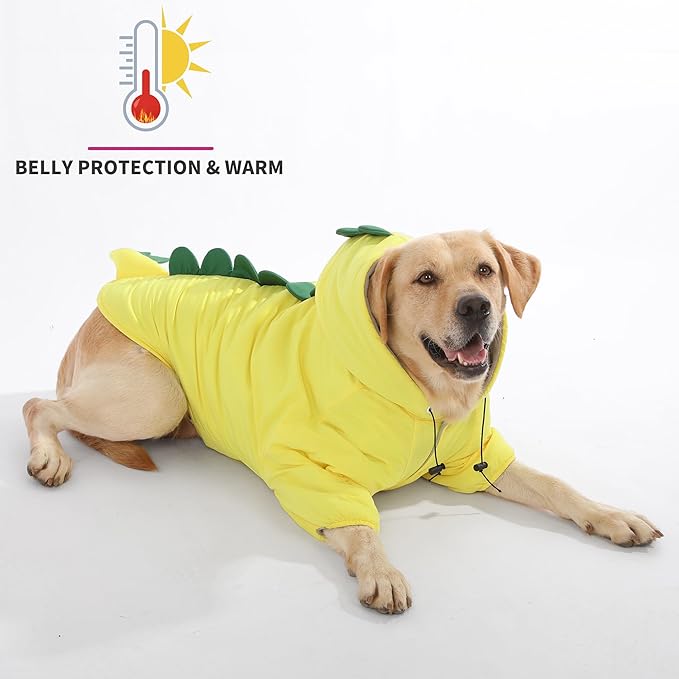 LovinPet Dog Warm Coat with Hood – Medium & Large Dinosaur Hoodie Winter Jacket for Cold Weather, Yellow & Green Coat for Large Dogs, XXXL