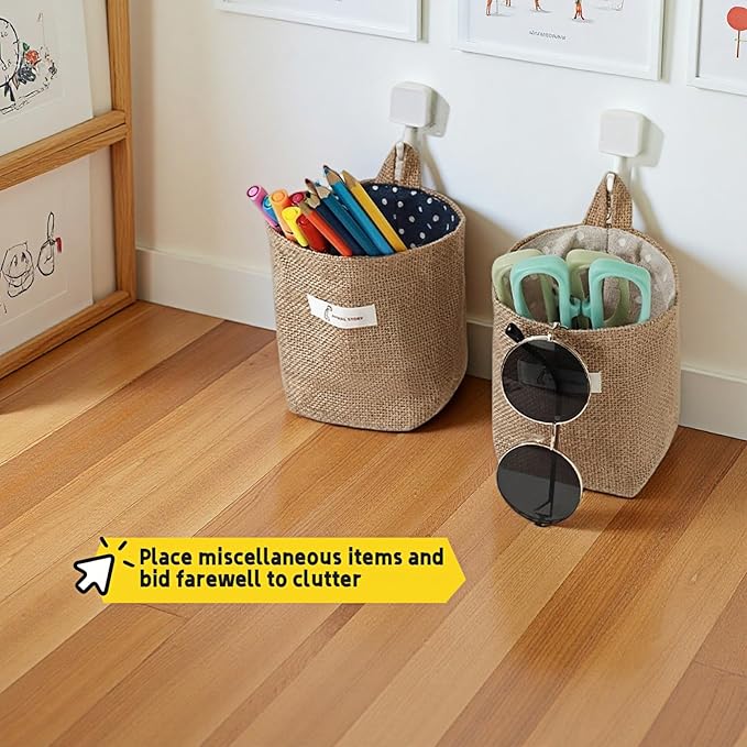 Washable Cotton Linen Hanging Organizer Bag for Door Wall Bedside | Washable Storage Pockets | Space Saving ，Reusable Closet Organizer (2Pack) (Deep blue stripes+yellow dots)