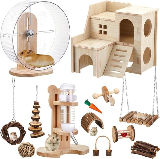 18 Pcs Hamster Toys Set, 10 Kinds Small Animal Chewing Toys, Maze Wood House, Silent Exercise Running Wheels and Water Bottle Set for Hamster Habitat Rat Cage Accessories(Mixed Play Style)