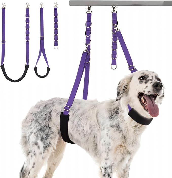 Dog Grooming Belly Strap - 3PCS Grooming Restraint Set Adjustable Belly Band Loops Strap with Padded Support & Loop Extension Straps Pet Grooming Harness Kit for Dogs (Voilet)