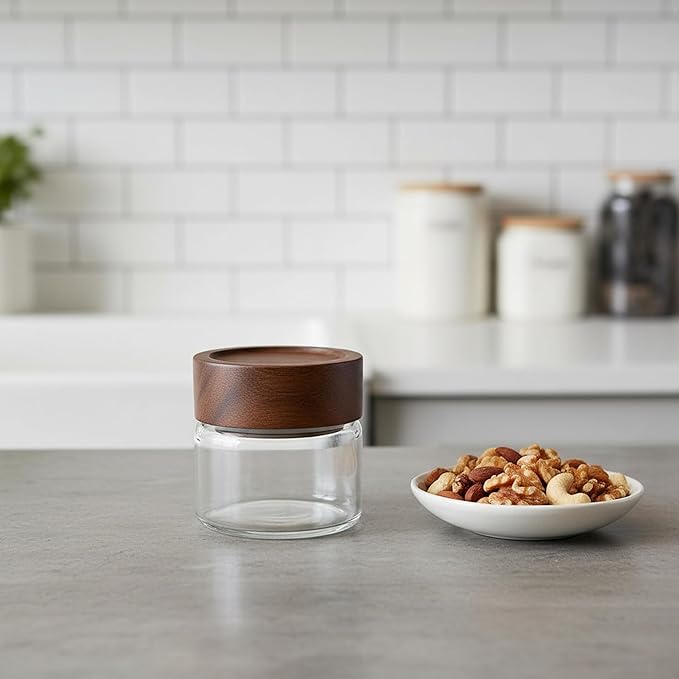 Wide Mouth Glass Storage Jars With 2.5" Acacia Wood Lids - 4 Pack of 4 Oz Food Storage Containers - Borosilicate Glass Canisters Sets For Kitchen - Pantry Organizers and Storage for Rice Coffee Beans