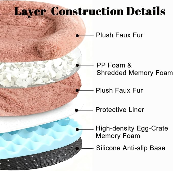 Calming Cute Dog Beds for Medium Dogs, Orthopedic Cushion Anti-Anxiety Donut Cuddler Bed, Soft Fluffy Faux Fur Plush Warming Cozy Removable Cover, Fits up to 35 lbs Pets (Round, Blush 28")