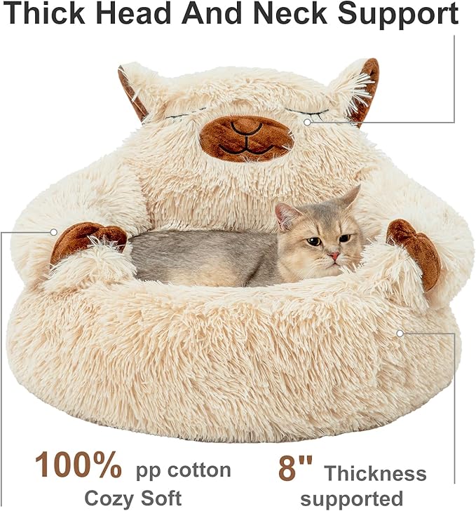Jiupety Calming Dog and Cat Bed, Cozy Donut Cute Small Dog Beds, Anti Anxiety Round S(20" × 20" × 8") Size for Pets up to 12 lbs, Camel