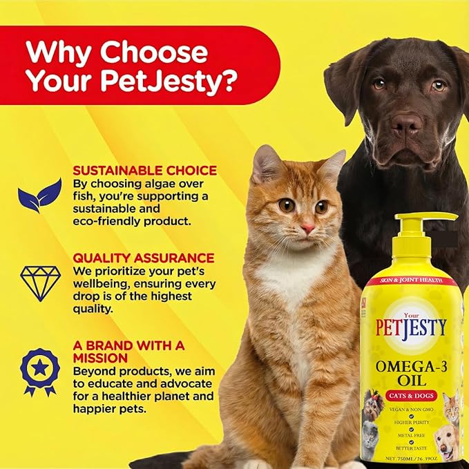 PetJesty Pure Omega 3 Oil for Dogs & Cats 26.39oz - Omega 3 Skin & Coat Support- Liquid Food Supplement for Pets - Vegan pet + DHA for Joint Function, Immune & Heart Health, Non Fish Oil Dog and Cat