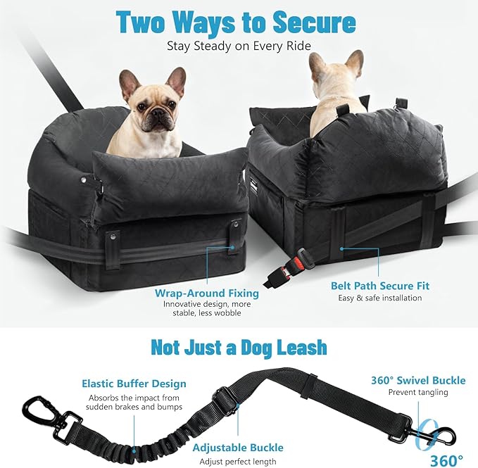 EASTBLUE Dog Car Seat for Small Medium Dogs Up to 35 lbs, 2 Memory Foam Pads Dog Booster Car Seat with Seat Belt, Washable Pet Carseat for Puppy & Cat, Dogs Travel Bed for Cars (Black-Velvet)
