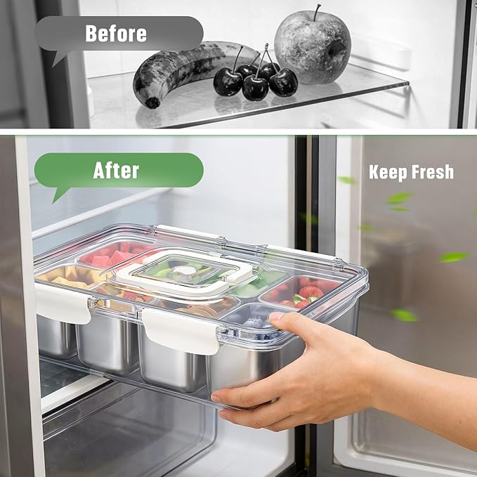 Snackle Box Container, 304 Stainless Steel Divided Serving Tray with Lid and Handle, Portable 4 Compartments Veggie Tray for Fruits,Veggies,Nuts &Candy, Dishwasher Safe for Travel,Picnic,Beach&Parties