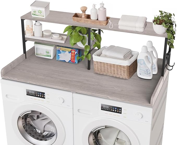 Washer and Dryer Countertop with Shelf, 2-Tier 54" x 27.5" Wood Laundry Countertop, Washer Dryer Topper with High Edge Rails and Hooks, Non-Slip Pads, Waterproof & Heat Resistant Top (Gray)