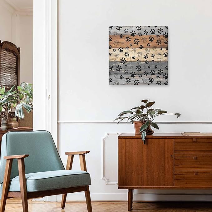 Framed Canvas Wall Art for Living Room Dog Paw Print Wall Decor, Retro Brown G热u Wood Grain Aesthetic Paintings for Bedroom Office Kitchen Bathroom, Ready to Hang Artwork Wall Pictures 12x12 Inch