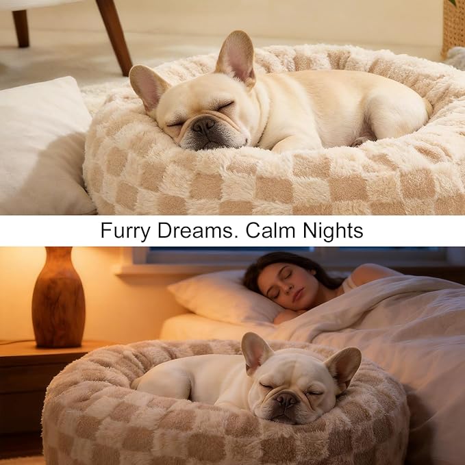Dog Calming Beds for Small Medium Large Dogs - Round Donut Washable Puppy Dog Bed, Anti-Slip Faux Fur Fluffy Donut Cuddle Anxiety Cat Pet Bed (20" Grid)