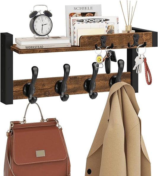 Homode Wall Mounted Coat Rack, Wood Floating Shelf with Key Holder and Mail Organizer, Entryway Wall Shelf with Hooks, Coat Hanger for Hanging Hat Towel Clothes Purse Backpack, Rustic Brown