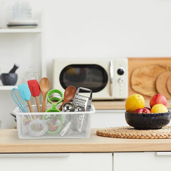 4 Pcs Metal Wire Basket Metal Mesh Basket Pantry Organizers Bin Containers for Home Organizing Cabinet Pantry Closet Kitchen Fridge Fruit Makeup Snacks Gifts(White,Small)