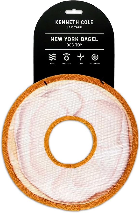 Kenneth Cole Stuffing-Free Durable New York Bagel Dog Toy – Chew-Resistant Nylon, Squeaker, Crinkle, and All-Day Play