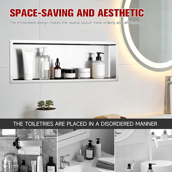 No Tile Needed Shower Niche 12"X 36", Bathroom Wall Niche Single Shelf, Stainless Steel Shower Niche for Bathroom, Kitchens, Balconies