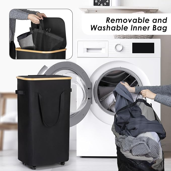 WELTRXE Laundry Hamper on Wheels 110L Large Clothes Basket with Lid and Extended Handles, Foldable Laundry Hamper for Bedroom, Bathroom, Dorm, Laundry Room, Black Rolling Laundry Basket with Wash Bag