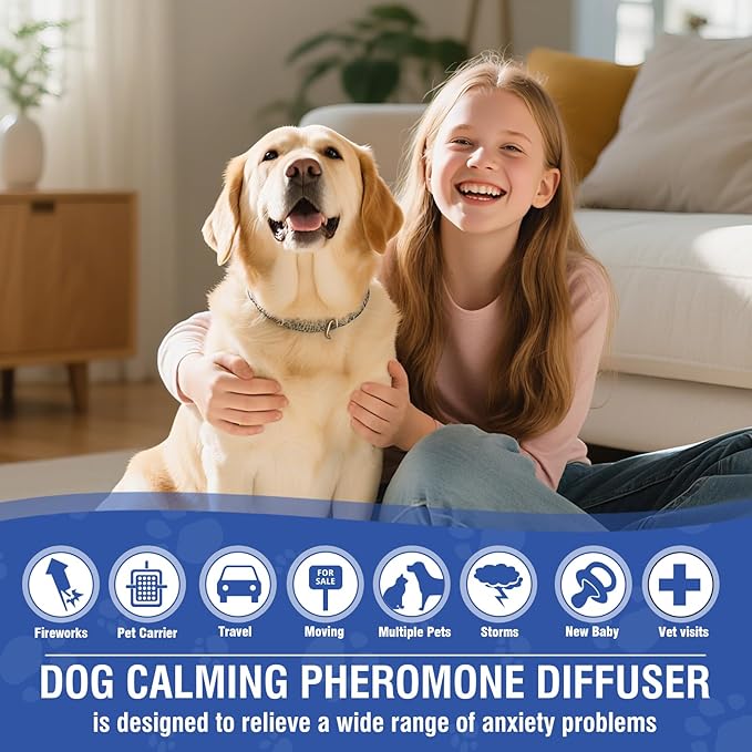 Pheromone Calming Dog Diffuser 4 in 1 Appeasing Pet Pheromones Diffuser to Calm Kit (Plug in+ 3 Pack 48ml Refill) for Anxiety Relief Reduce Barking Aggression Fighting Stress 90 Day Supply