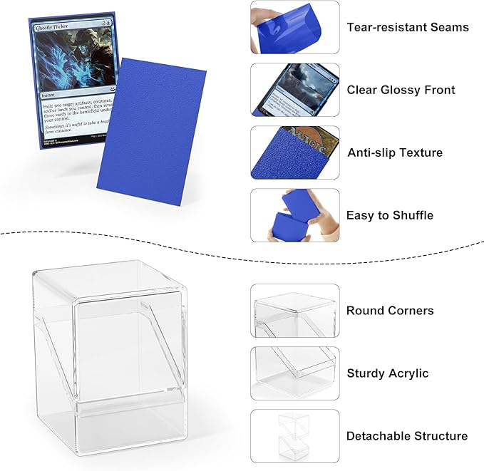 Card Deck Case, Deck Box with 100 Pack Card Sleeves and Divider, Standard Size Clear Commander Cards Storage Box Fit for MTG, Sport, Trading Cards (Navy Blue)