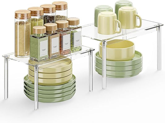 Delamu Clear Kitchen Cabinet Organizer, Set of 2 Acrylic Shelf Organizer for Cupboard Organizers and Storage, Stackable Cabinet Shelf for Plate, Dish, Bowl, Cup & Mug, 11.7" W x 7.7" D x 6.3" H
