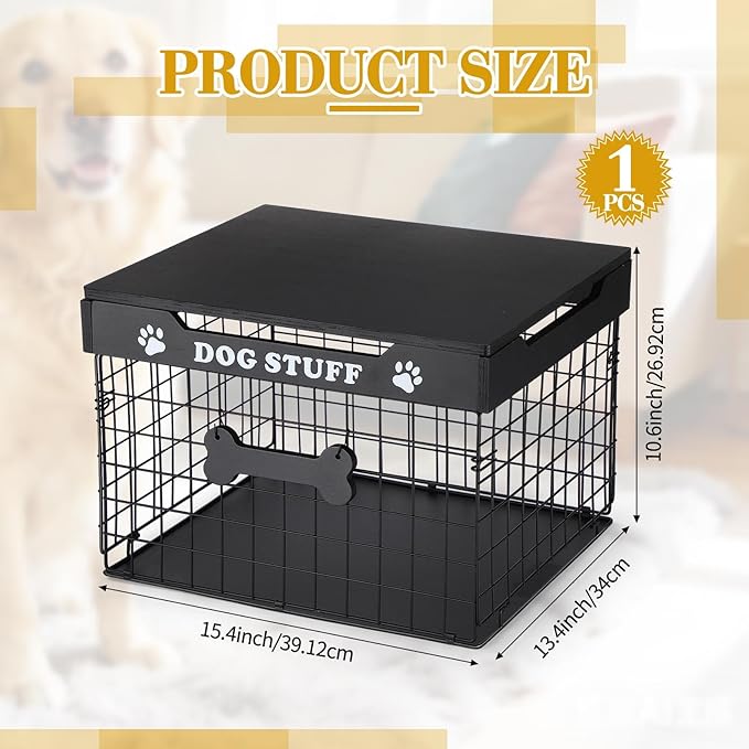 Dog Toy Bin Basket with Lid, 15.4'' Large Metal Dog Toy Storage Box with Bone Handle, Organizer Chew for Living Room, Farmhouse Food Storage Organizer for Leash Chew Blankets Clothes(Black)