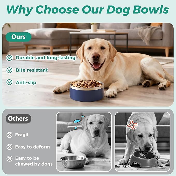 LIHONG Stainless Steel Dog Bowls for Small Medium Sized Dogs Non Slip,Insulated Dog Bowl,Pet Bowl for Food and Water,Rustproof(40oz,Blue)