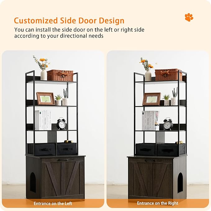 Dwanton Litter Box Enclosure with 3 Storage Shelves and 2 Drawers, 2-in-1 Hidden Cat Litter Box Enclosure Furniture with Shelf, Reversible Entrance, Washable Drawers, 61.8-Inch, Dark Grey