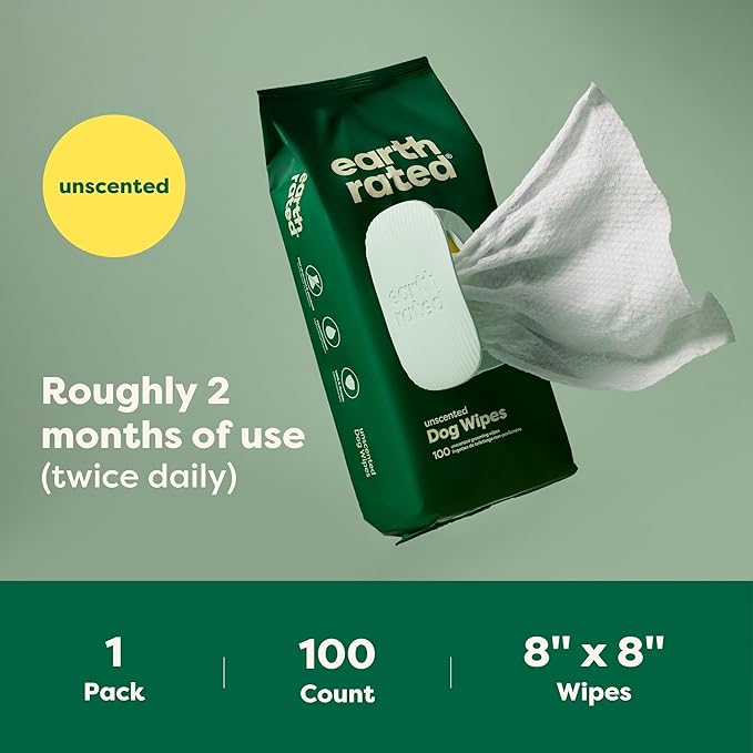 Earth Rated Pet Wipes for Dogs and Cats, Hypoallergenic, Cleaning and Hydrating, for Grooming Paws, Body and Butt, Unscented, 100 Count