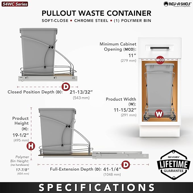 Rev-A-Shelf Steel Bottom Mount Single 35 Quart 8.75 Gallon Waste Bin Trash Container for Under Kitchen Cabinet with Soft Close, Gray, 54WC-1535SC-17-1