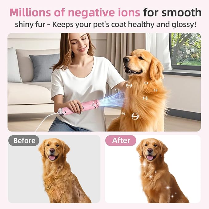 Dog Hair Dryer with Slicker Brush, Dog Dryer for Pet Grooming, High Velocity Dog Blow Dryer for Dog Grooming Supplies Low Noise Pet Dryer Grooming Salon Home Use, Pink