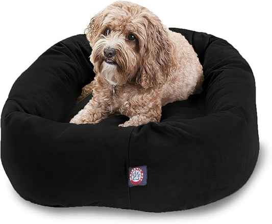 Majestic Pet 32 Inch Suede Calming Dog Bed Washable – Cozy Soft Round Dog Bed with Spine Support for Dogs to Rest their Head - Fluffy Donut Dog Bed 32x23x7 (Inch) - Round Pet Bed Medium – Black