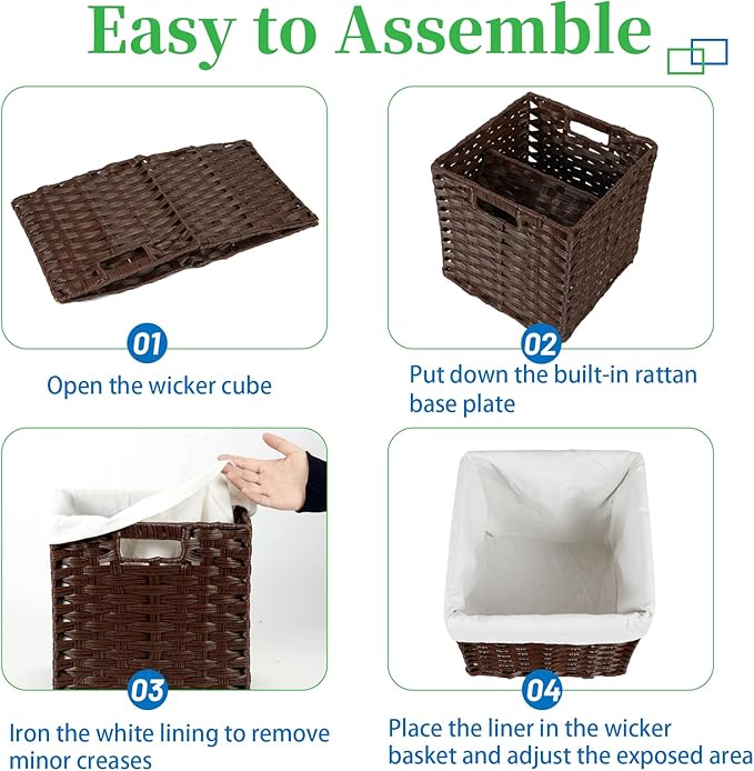 Bidtakay Wicker Cube Storage Bins with Liners 11x11 inch Woven Baskets for Organizing 4-Pack Waterproof Imitation Rattan Woven Cube Organizer with Handles for Pantry-Reddish Brown