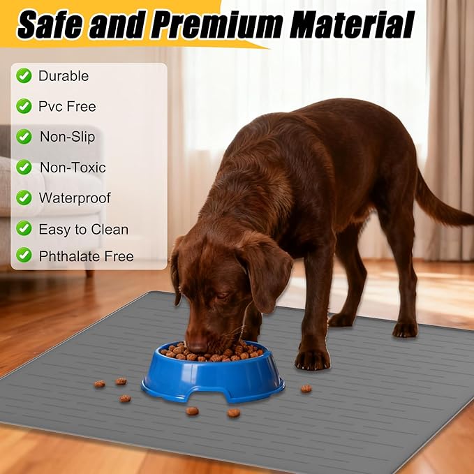 1.5MM Super Thick Dog Food Mat, 48"x32" Silicone Dog and Cat Mats for Food and Water Bowls, Waterproof Pet Feeding Mat for Contain Spills Protects Floors, Multiple Colors & Sizes for Pets, Light Gray