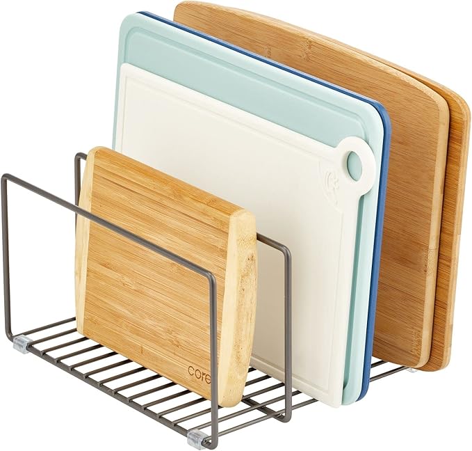 mDesign Metal Pan Organizer for Kitchen Cabinet, Counter, Pantry Shelf - 3 Slots for Baking Sheets, Muffin Pans, Cutting Boards, Frying Pans - Pan Organizer and Storage - Concerto Collection - Black