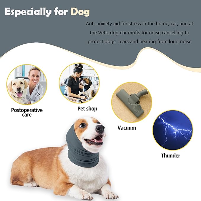 Dog Calming Hoodie Head Wrap,No Shake Anxiety Relief Quiet Thunder Vest for Dogs,Ear Protection Head Muffs for Grooming,Pet Covers for Fireworks,Vet Visits,Bathing,Grey Blue,S