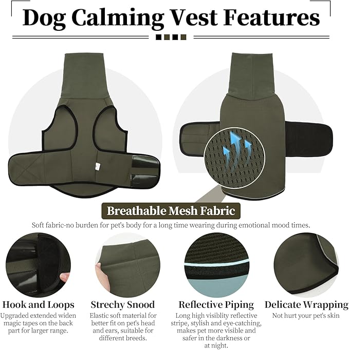 ROZKITCH Soft Dog Anxiety Jacket, Breathable Calming Vest for Storms, Fireworks & Separation, High Collar Design for Small to Large Dogs ArmyGreen XS