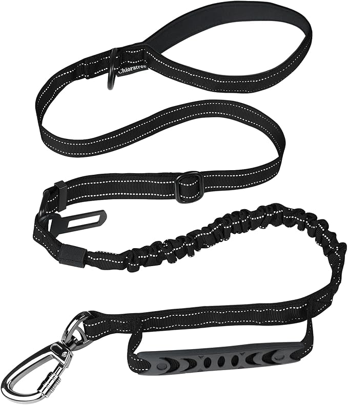 Heavy Duty Dog Leash for Medium Large Dogs,4-6FT Shock Absorbing Bungee Tactical Dog Leash with Control Padded Handle and Car Seatbelt, Reflective Lead for Walking Training,Black