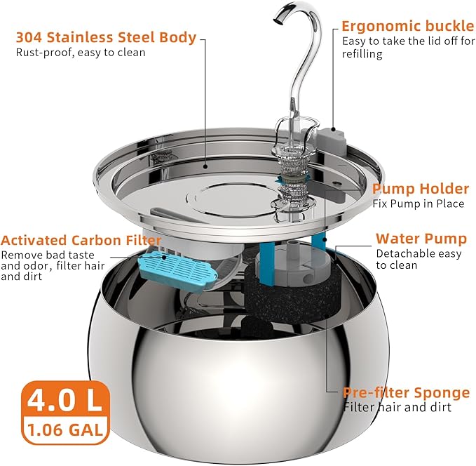 Cat Water Fountain Stainless Steel 4.0L/1.1Gal Cat Fountain for Drinking,Pet Water Fountain for Cats Indoor,Ultra-Quiet Pump,Multi-Filter System,Dishwasher Safe,Ideal for Multiple Pets