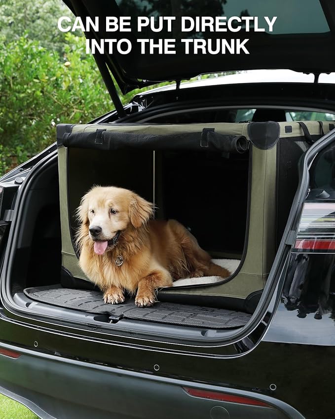 24-Inch Collapsible Travel Dog Crate, Portable 4-Door Soft Kennel for Medium to Large Dogs, Chew-Proof Mesh Windows, Indoor/Outdoor Use, Foldable, with Storage Bag (Green)